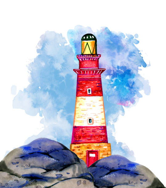 istock Red striped cartoon lighthouse on the stone coast with cloud on background. Hand drawn watercolor illustration 1083497638
