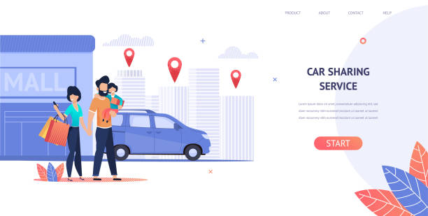 Illustration Family Rent Car near Shopping Mall Illustration Family Rent Car near Shopping Mall. Vector Banner Smart Car Sharing Service any Location City. Woman Uses Mobile Application on Phone. Man Hold Daughter Hand. Husband and Wife. Cityscape family in car stock illustrations
