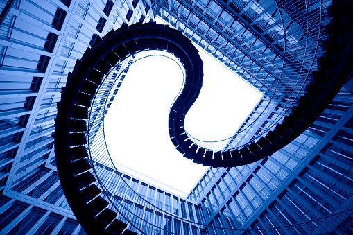 abstract stairs, office building, copy space, unsharped RAW, blue toned