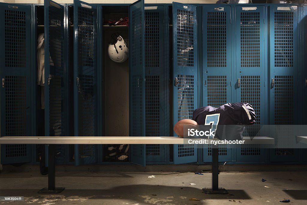 Football Locker room Messy football locker room. Locker Room Stock Photo