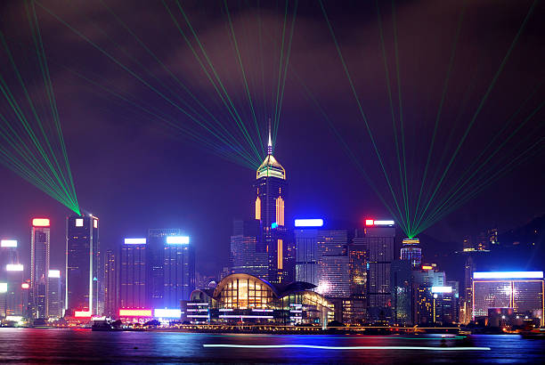 Victoria Harbor Hong Kong at Night  central plaza hong kong stock pictures, royalty-free photos & images