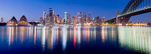 istock Sydney skyline lights make vertical reflections in water 108350954