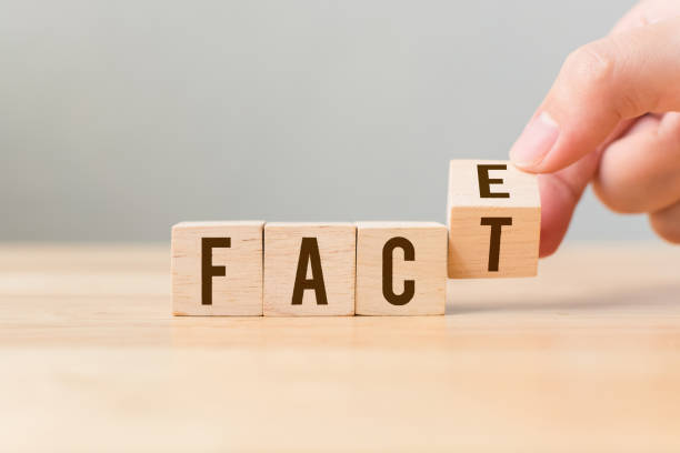 istock Face to Facts concept. Hand flip over wooden cube block 1083510328