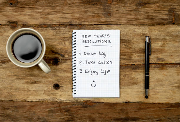 istock Top View 2019 New year resolutions list with plans for new life happy face written on notepad coffee and pen on Vintage table in Dreams and Goals for happiness Aspiration and Motivation Concept. 1083510584