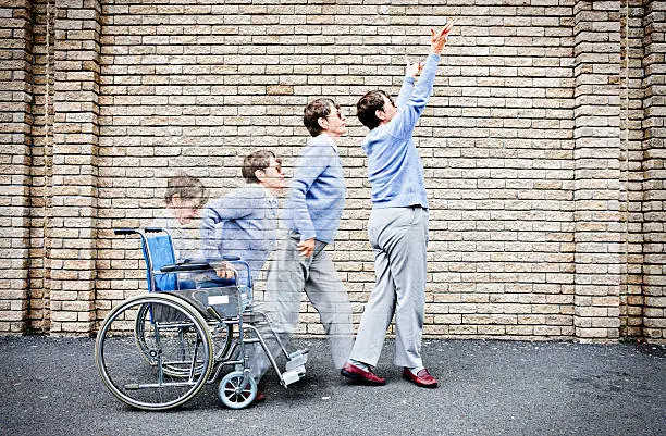 In this composite image, an old woman in a wheelchair rises to a standing position, arms raised in joy, as she is apparently restored to health and mobility. The reason why, from faith healing to physiotherapy, is up to you! 