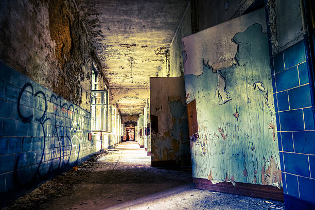 Ruined Hospital Corridor Architecture With Wooden Doors HDR Nobody  beelitz stock pictures, royalty-free photos & images