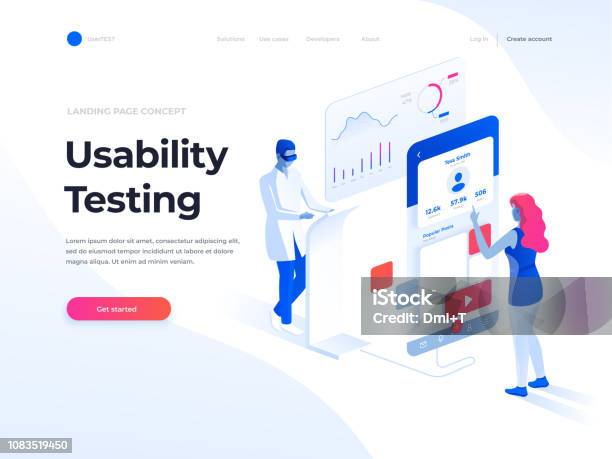 People Testing The Interface And Usability Of A Mobile Application Data Analysis And Office Situations Isometric Illustration Landing Page Template Stock Illustration - Download Image Now