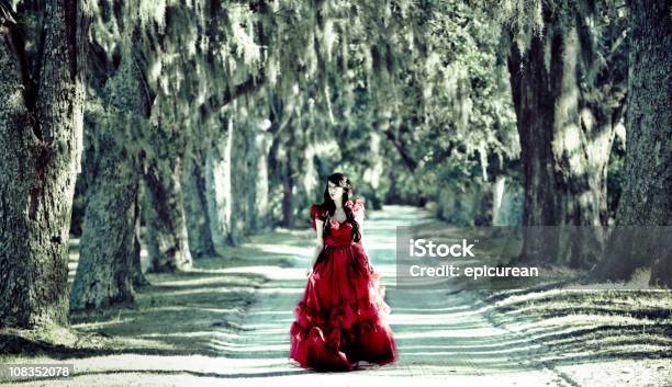 Beautiful Woman In Red Dress Walking Down White Sand Road Stock Photo - Download Image Now