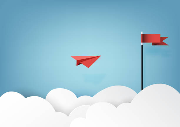 青い空と雲に赤い旗を飛ぶ赤い紙飛行機。 - 旗 イラスト点のイラスト素材／クリップアート素材／マンガ素材／アイコン素材