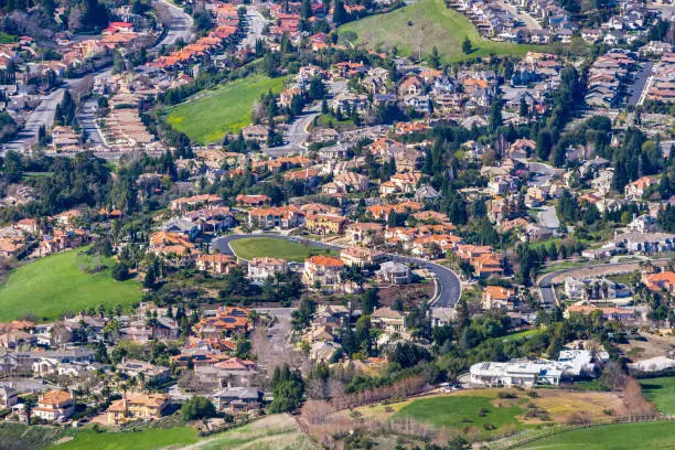 Photo of Aerial view of a residential neighborhood on a sunny day, Fremont, east San Francisco bay area, California