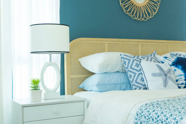 istock beautiful bedroom with blue wall and white table lamp. 1083526074