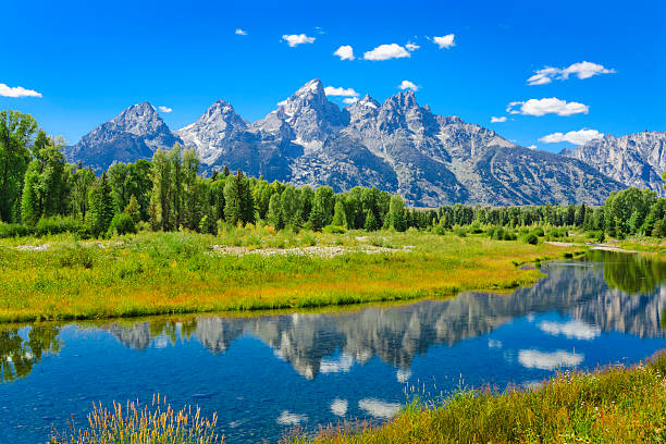 istock Grand Tetons mountains summer and blue sky reflected in water 108352670