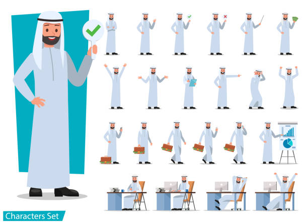 ilustrações, clipart, desenhos animados e ícones de conjunto de poses do personagem de homem de negócios - kaffiyeh