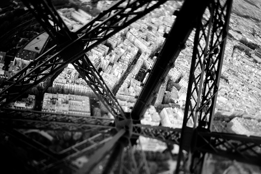 paris, France – August 16, 2018: Eiffel tower and sen river in black and white
