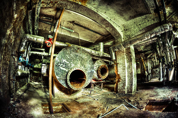 Abandoned Industrial Building Basement With Tanks and Tubes  beelitz stock pictures, royalty-free photos & images