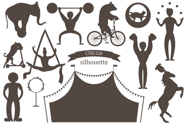 ilustraciones, imágenes clip art, dibujos animados e iconos de stock de conjunto de siluetas de vector plano de artistas de circo. payasos, acróbatas y animales entrenados. - juggling silhouette performer performance