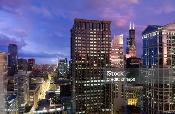 Lightning Strike Over Chicago At Dusk Stock Photo - Download Image Now - City, Night, Aerial View