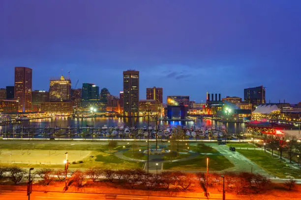 Photo of View on Baltimore skyline and Inner Harbor from Federal Hill at dusk