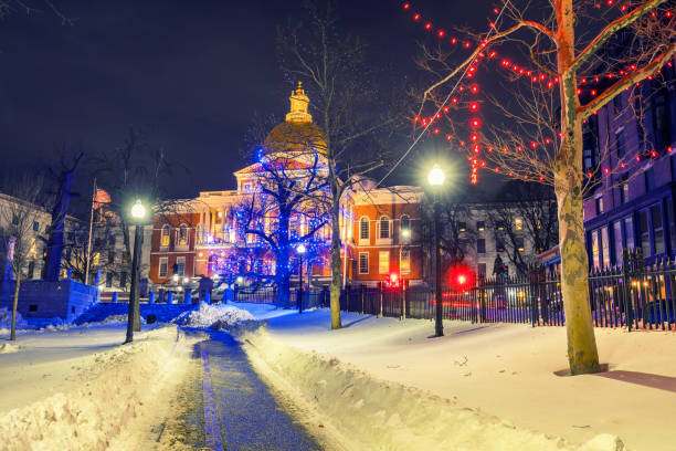 istock Boston public garden and state house at night 1083556518
