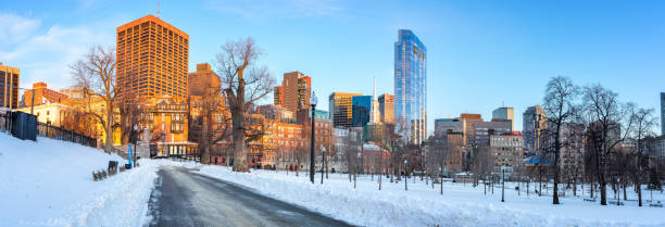 бостонский общественный сад зимой - boston winter snow massachusetts стоковые фото и изображения