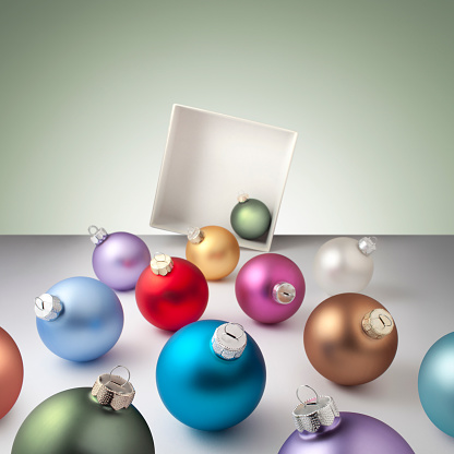 Christmas balls spilling from a gift box. Photography in high resolution.  