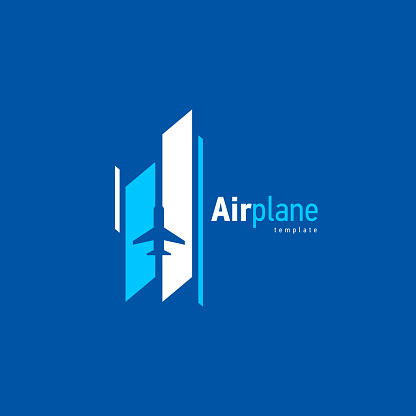 Airplane logo blue flight takeoff stripes up