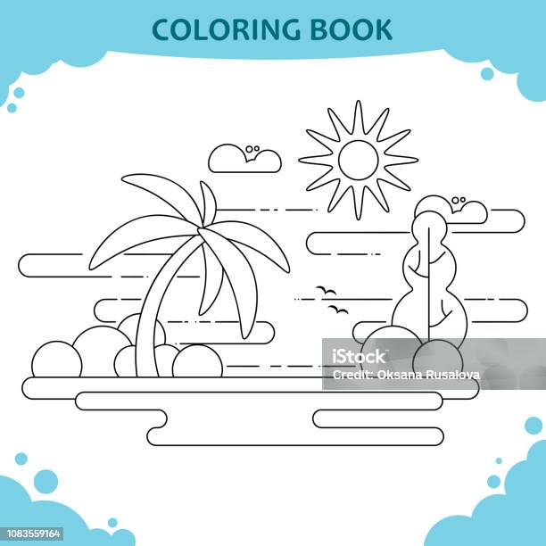 Coloring Book Page For Kids The Sea Beach With Palm Tree Flat Design Stock Illustration - Download Image Now