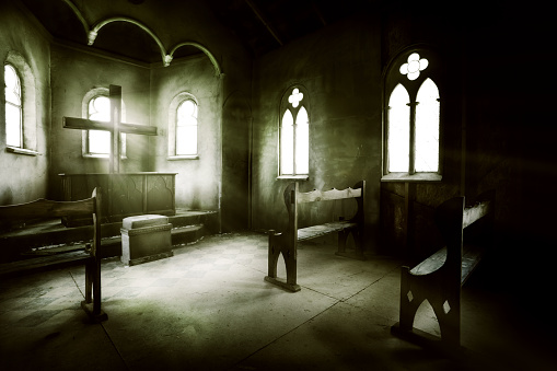 Very old church interior. Low key toned.