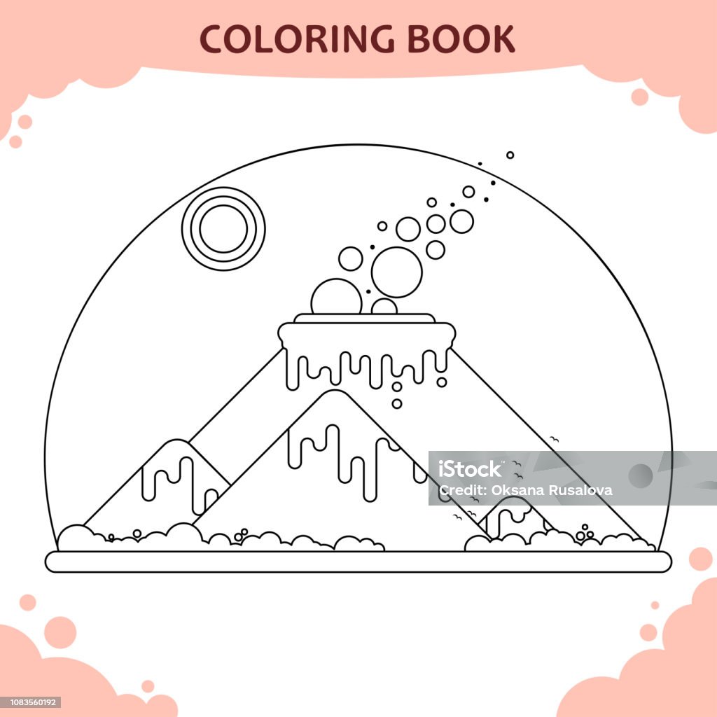 Volcanic eruption. Coloring book for kids. Flat illustration Art stock vector