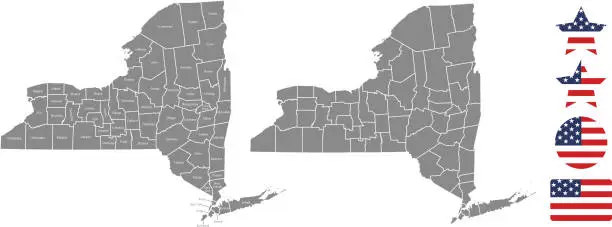 Vector illustration of New York county map vector outline in gray background. New York state of USA map with counties names labeled and United States flag icon vector illustration designs