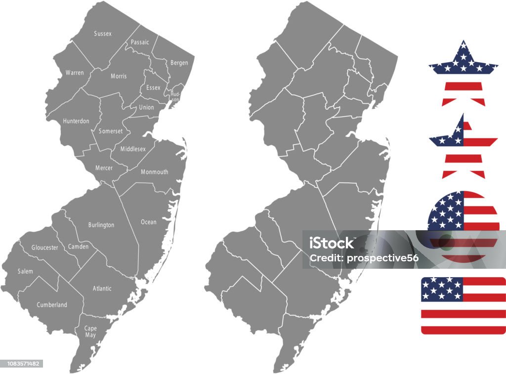 New Jersey county map vector outline in gray background. New Jersey state of USA map with counties names labeled and United States flag icon vector illustration designs The maps are accurately prepared by a GIS and remote sensing expert. New Jersey stock vector