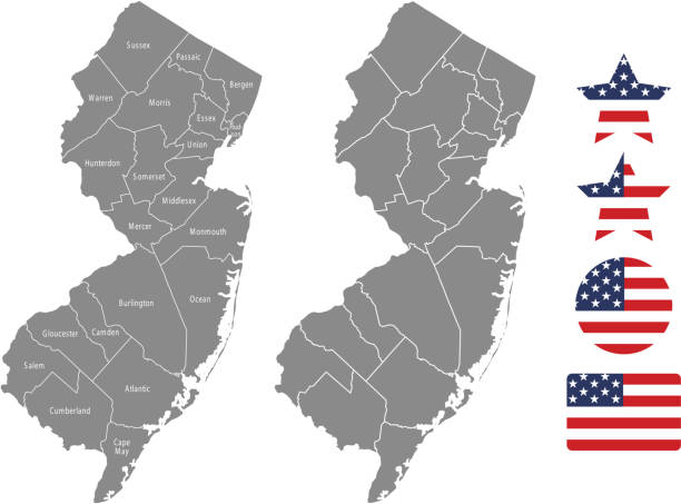 New Jersey county map vector outline in gray background. New Jersey state of USA map with counties names labeled and United States flag icon vector illustration designs The maps are accurately prepared by a GIS and remote sensing expert. essex england illustrations stock illustrations