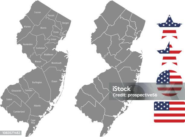 New Jersey County Map Vector Outline In Gray Background New Jersey State Of Usa Map With Counties Names Labeled And United States Flag Icon Vector Illustration Designs Stock Illustration - Download Image Now