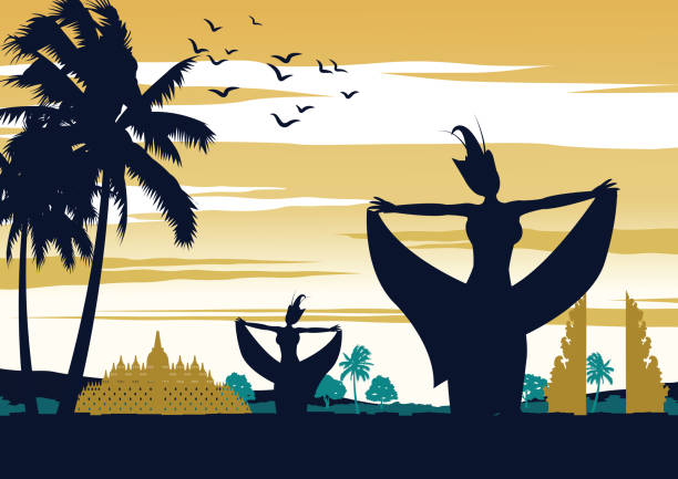 illustrazioni stock, clip art, cartoni animati e icone di tendenza di spettacolo di danza indonesiano all'ora del tramonto, famosa esibizione di fronte al punto di riferimento, design a colori vintage - danza del legong immagine