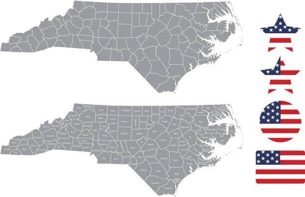 North Carolina county map vector outline in gray background. North Carolina state of USA map with counties names labeled and United States flag icon vector illustration designs The maps are accurately prepared by a GIS and remote sensing expert. state of north carolina map stock illustrations