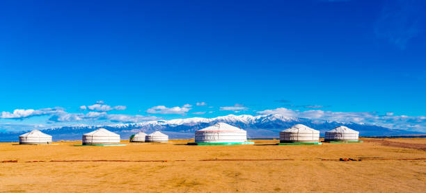 Panoramic view of mongolian ger on a large steppe with the snow mountain in the background at the city of Khovd in Mongolia