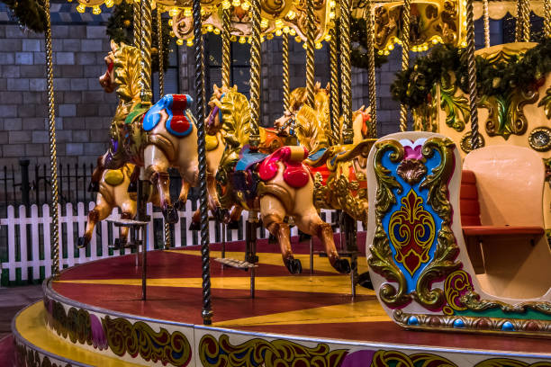 Night shot of Modern light carousels placed in one of the Christmas market in Gdansk of Poland.