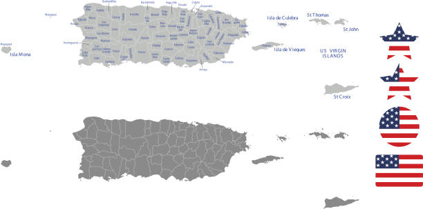 Puerto Rico county map vector outline in gray background. Puerto Rico state of USA map with counties names labeled and United States flag icon vector illustration designs The maps are accurately prepared by a GIS and remote sensing expert. puerto rico stock illustrations