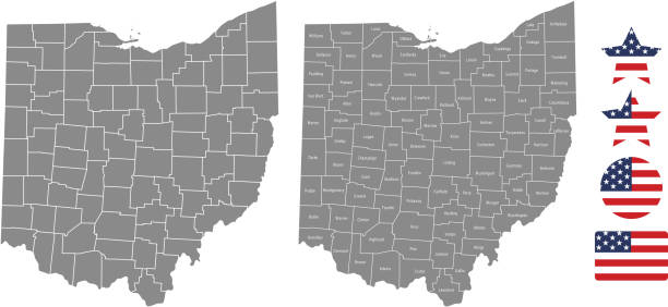 illustrazioni stock, clip art, cartoni animati e icone di tendenza di struttura vettoriale della mappa della contea dell'ohio in sfondo grigio. mappa dello stato dell'ohio degli stati uniti con i nomi delle contee etichettati e i disegni dell'illustrazione vettoriale dell'icona della bandiera degli stati uniti - elyria