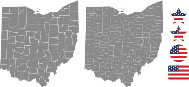 Ohio county map vector outline in gray background. Ohio state of USA map with counties names labeled and United States flag icon vector illustration designs The maps are accurately prepared by a GIS and remote sensing expert. summit county stock illustrations