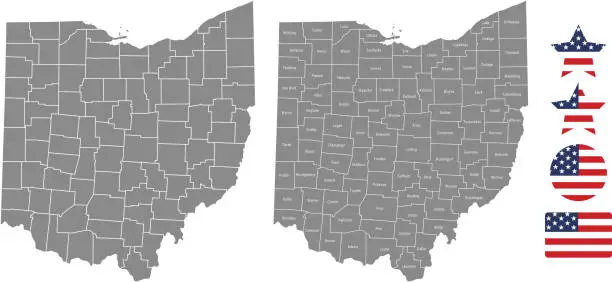 Vector illustration of Ohio county map vector outline in gray background. Ohio state of USA map with counties names labeled and United States flag icon vector illustration designs