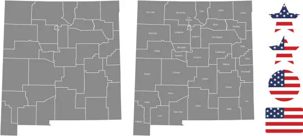 Vector illustration of New Mexico county map vector outline in gray background. New Mexico state of USA map with counties names labeled and United States flag icon vector illustration designs