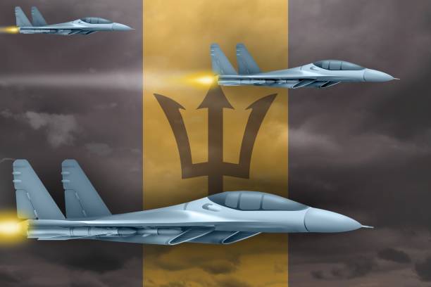 istock Barbados air forces strike concept. Air planes attack on Barbados flag background. 3d Illustration 1083580380
