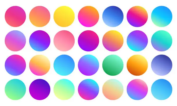 Vector illustration of Vivid gradient spheres. Minimalist multicolor circles, abstract 80s vibrant colors and modern gradients sphere isolated vector set