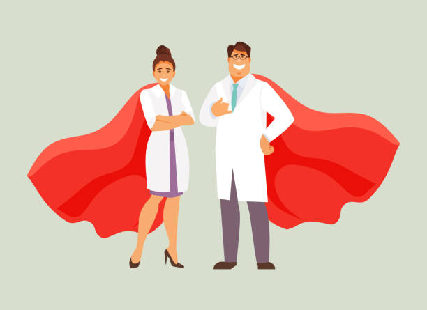 Doctors superheroes vector Doctors man and woman in superhero cloaks. Vector illustration pharmacist cartoon stock illustrations