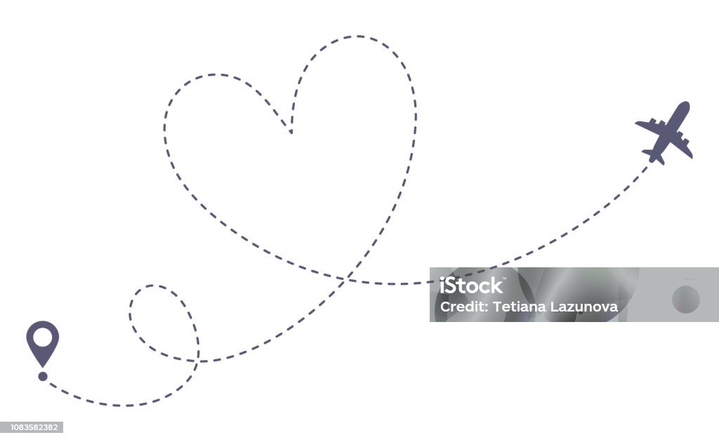 Love airplane route. Romantic travel, heart dashed line trace and plane routes isolated vector illustration Love airplane route. Romantic travel, heart dashed line trace and plane routes. Hearted airplane path, flight air dotted love valentine day drawing isolated vector illustration Airplane stock vector