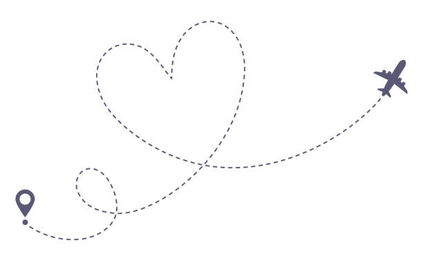 Love airplane route. Romantic travel, heart dashed line trace and plane routes isolated vector illustration Love airplane route. Romantic travel, heart dashed line trace and plane routes. Hearted airplane path, flight air dotted love valentine day drawing isolated vector illustration journey patterns stock illustrations