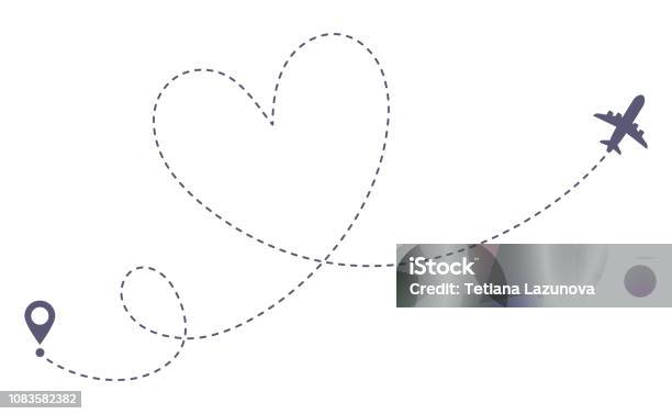 Love Airplane Route Romantic Travel Heart Dashed Line Trace And Plane Routes Isolated Vector Illustration Stock Illustration - Download Image Now