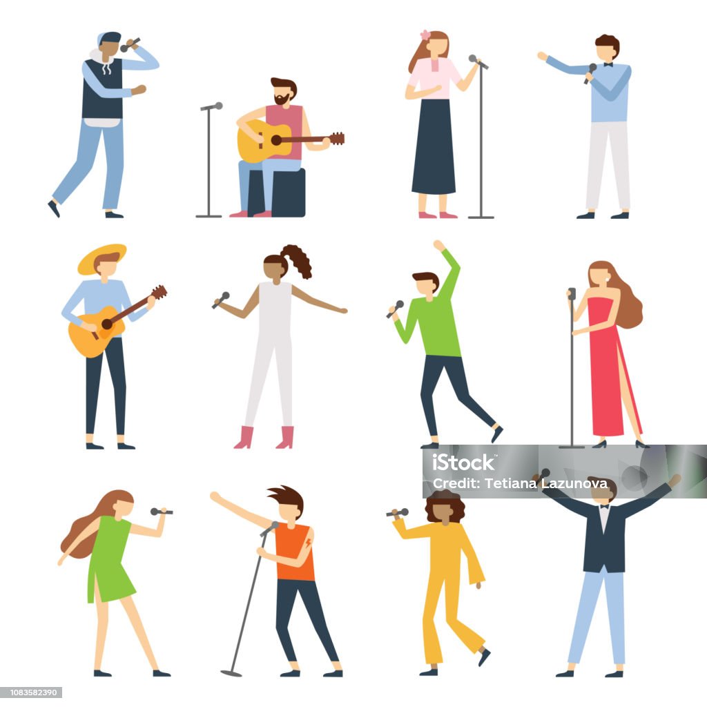 Musician singers people. Vocal singer artist, singing diva opera with mic and musicians sing song concert vector flat set Musician singers people. Vocal singer artist, singing diva opera with mic and musicians sing song concert. Radio instruments artists players vector flat isolated icons set Singing stock vector