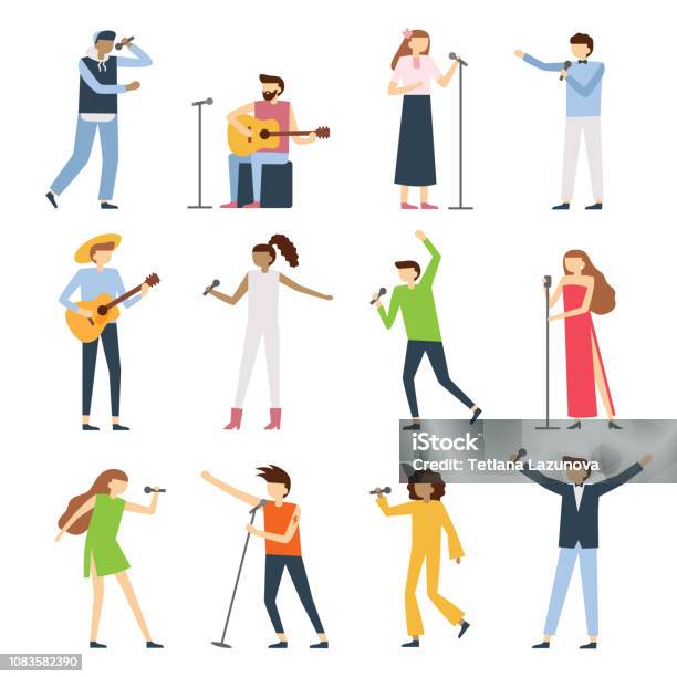 Musician Singers People Vocal Singer Artist Singing Diva Opera With Mic And Musicians Sing Song Concert Vector Flat Set Stock Illustration - Download Image Now